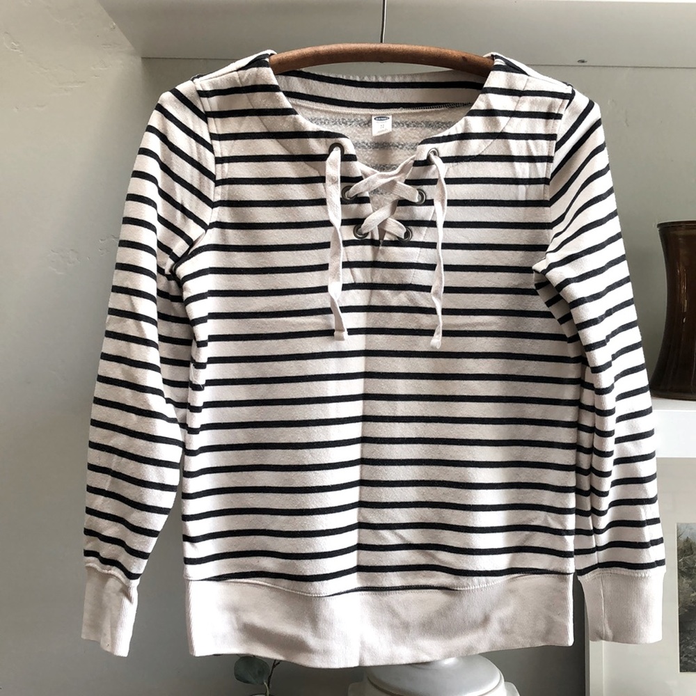 Old Navy Lace Up Black Ivory Striped Sweatshirt Size XS